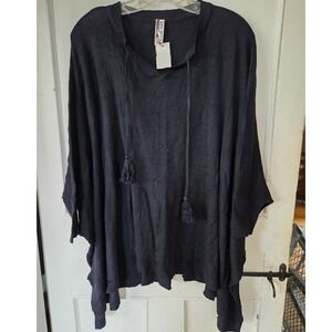 NWTs Azur Collection Womens Navy Knit Poncho Tassel Tie Oversized Top L/G